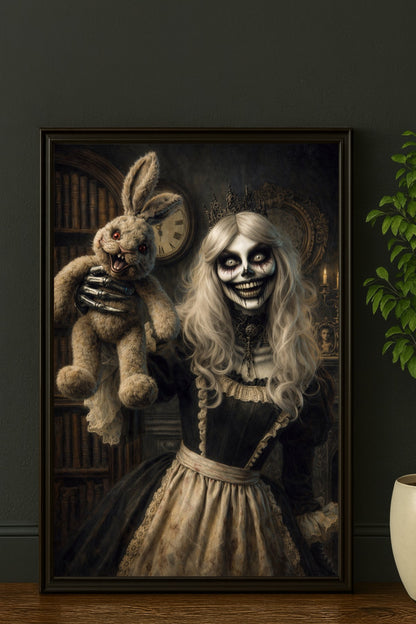 Digitales Horror-Wandbild: Eine gekrönte Skelettfrau im schwarzen viktorianischen Kleid hält eine unheimlich grinsende Hasenpuppe hoch. Düstere Bibliotheks-Szene mit Kerzenschein und antiker Uhr.