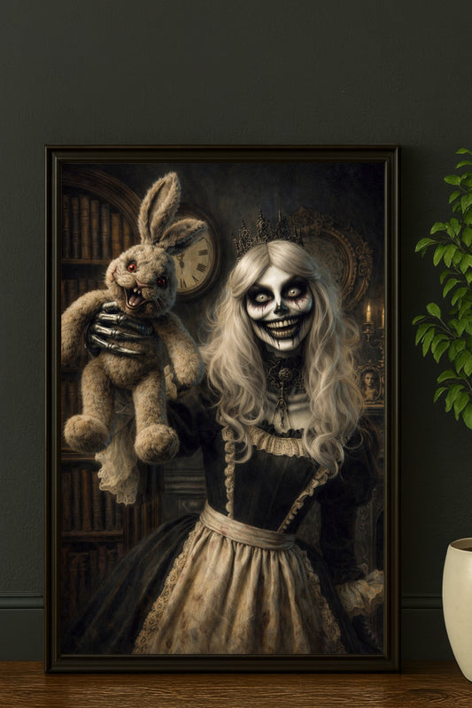 Digitales Horror-Wandbild: Eine gekrönte Skelettfrau im schwarzen viktorianischen Kleid hält eine unheimlich grinsende Hasenpuppe hoch. Düstere Bibliotheks-Szene mit Kerzenschein und antiker Uhr.