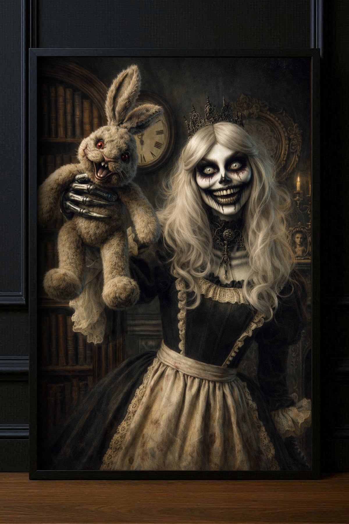 Digitales Horror-Wandbild: Eine gekrönte Skelettfrau im schwarzen viktorianischen Kleid hält eine unheimlich grinsende Hasenpuppe hoch. Düstere Bibliotheks-Szene mit Kerzenschein und antiker Uhr.