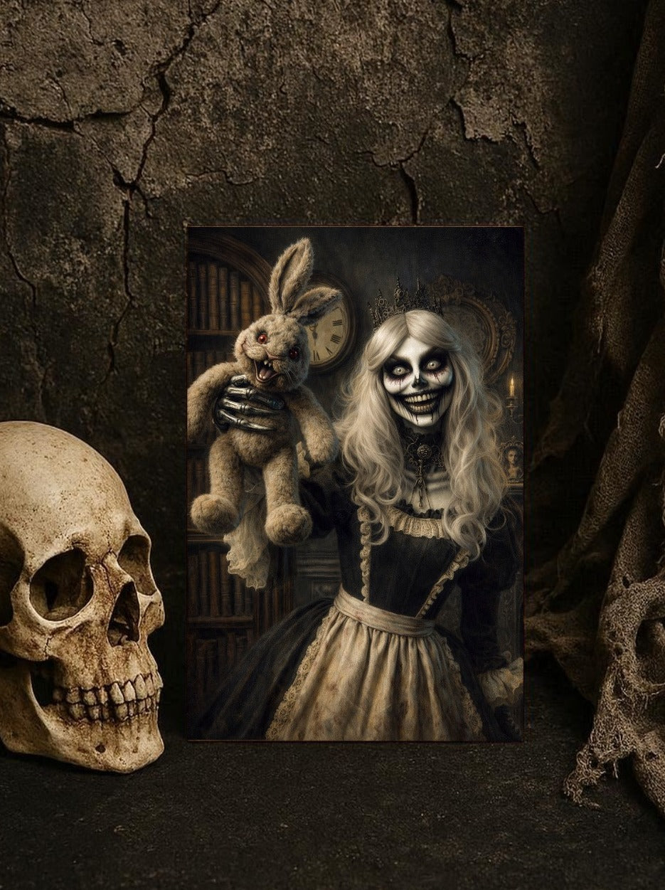 Hochwertiges Horror-Poster: Gekrönte Skelettfrau hält eine groteske Kaninchenpuppe in einer antiken, dunklen Bibliothek. Detailreicher Fine-Art-Druck in Sepia und Schwarz.