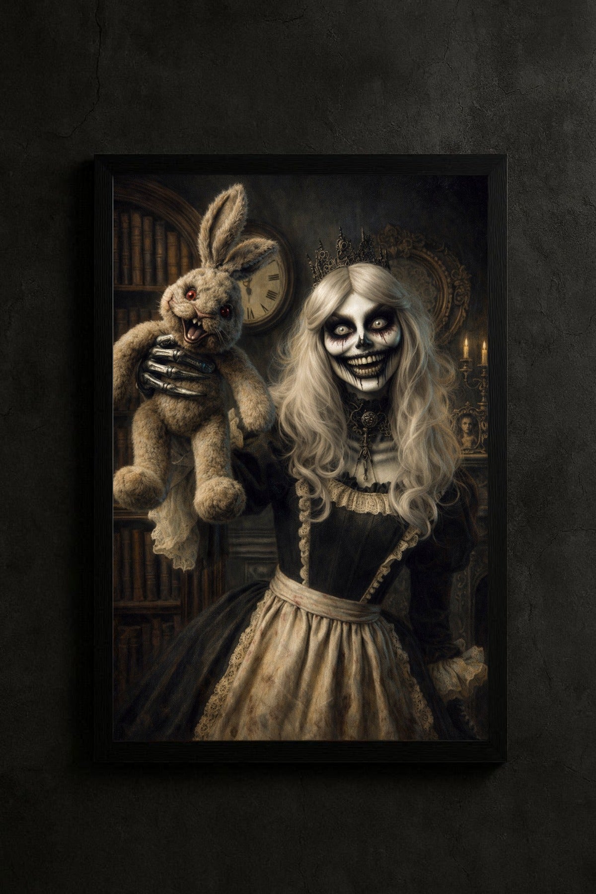 Hochwertiges Horror-Poster: Gekrönte Skelettfrau hält eine groteske Kaninchenpuppe in einer antiken, dunklen Bibliothek. Detailreicher Fine-Art-Druck in Sepia und Schwarz.