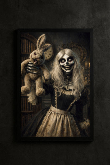 Hochwertiges Horror-Poster: Gekrönte Skelettfrau hält eine groteske Kaninchenpuppe in einer antiken, dunklen Bibliothek. Detailreicher Fine-Art-Druck in Sepia und Schwarz.