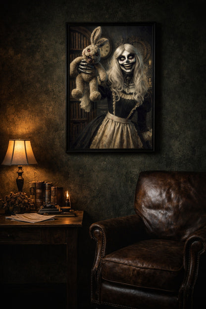 Digitales Horror-Wandbild: Eine gekrönte Skelettfrau im schwarzen viktorianischen Kleid hält eine unheimlich grinsende Hasenpuppe hoch. Düstere Bibliotheks-Szene mit Kerzenschein und antiker Uhr.