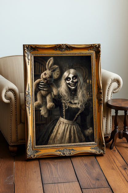Hochwertiges Horror-Poster: Gekrönte Skelettfrau hält eine groteske Kaninchenpuppe in einer antiken, dunklen Bibliothek. Detailreicher Fine-Art-Druck in Sepia und Schwarz.