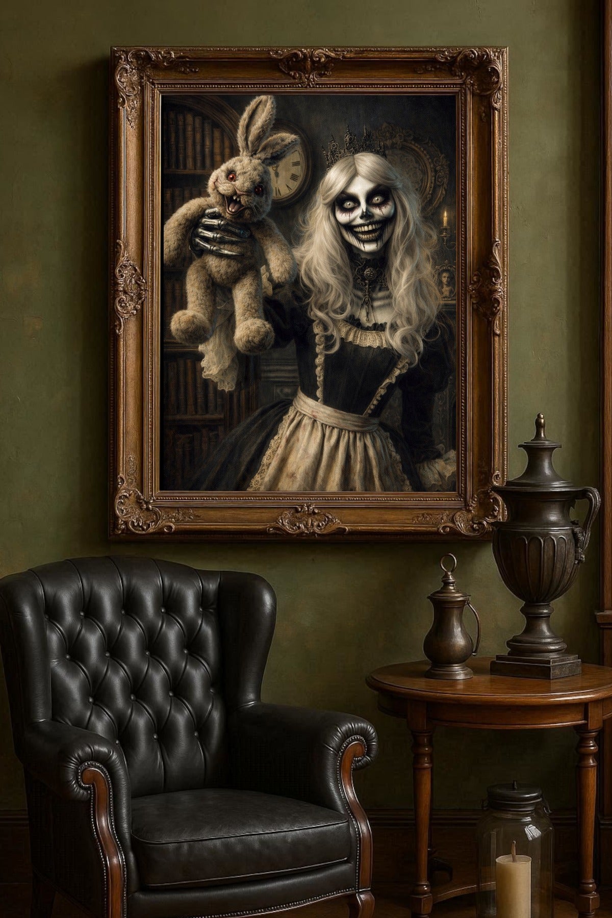 Digitales Horror-Wandbild: Eine gekrönte Skelettfrau im schwarzen viktorianischen Kleid hält eine unheimlich grinsende Hasenpuppe hoch. Düstere Bibliotheks-Szene mit Kerzenschein und antiker Uhr.