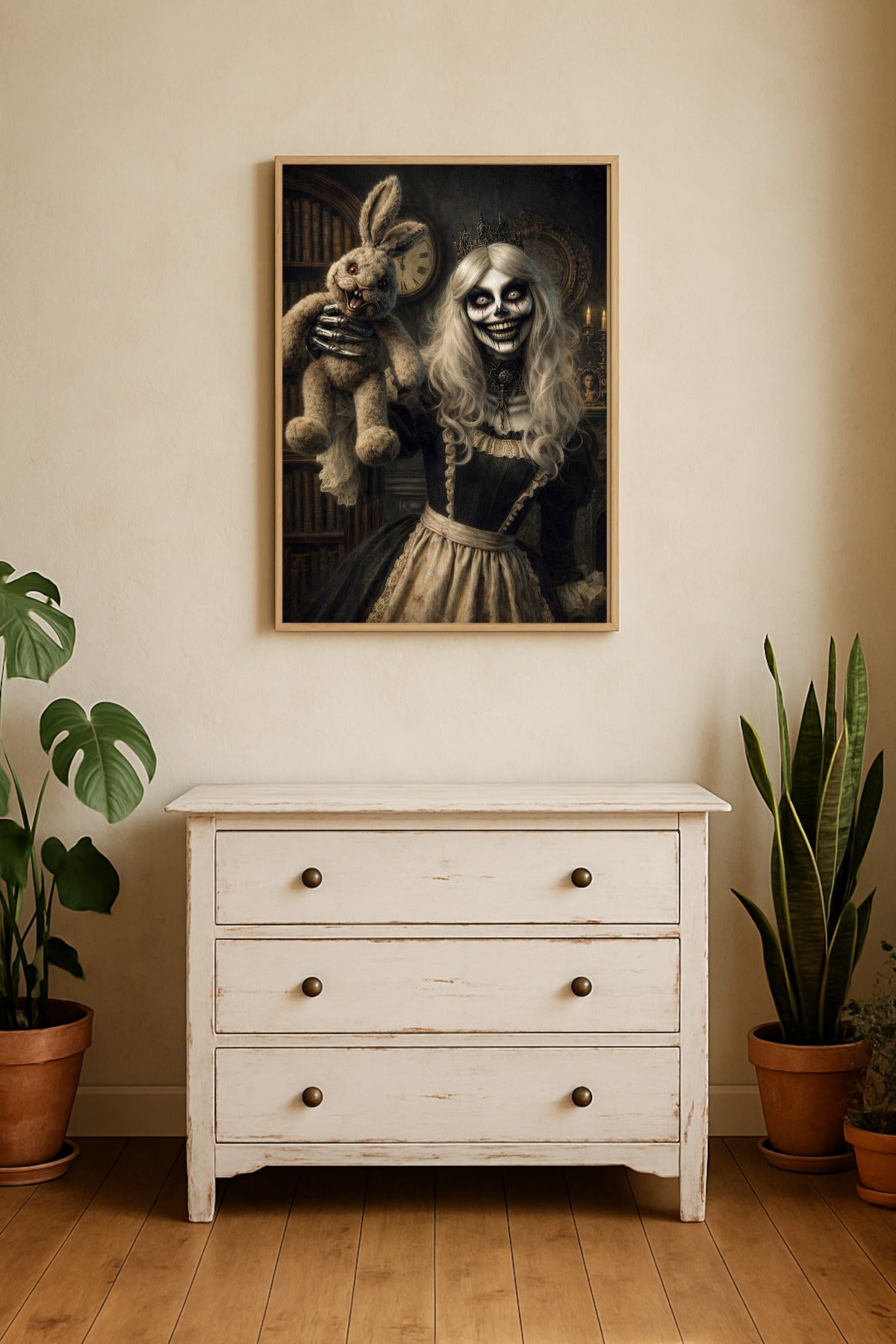 Digitales Horror-Wandbild: Eine gekrönte Skelettfrau im schwarzen viktorianischen Kleid hält eine unheimlich grinsende Hasenpuppe hoch. Düstere Bibliotheks-Szene mit Kerzenschein und antiker Uhr.