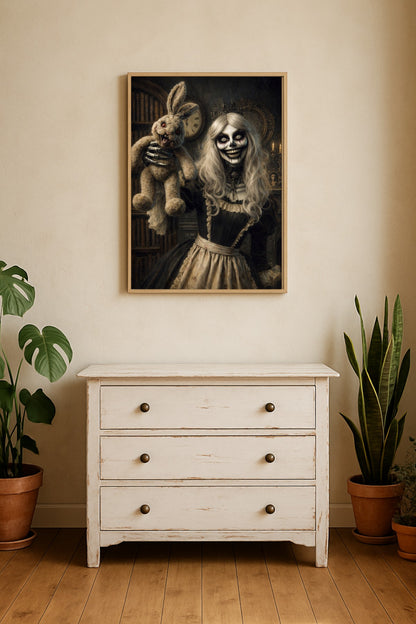 Digitales Horror-Wandbild: Eine gekrönte Skelettfrau im schwarzen viktorianischen Kleid hält eine unheimlich grinsende Hasenpuppe hoch. Düstere Bibliotheks-Szene mit Kerzenschein und antiker Uhr.