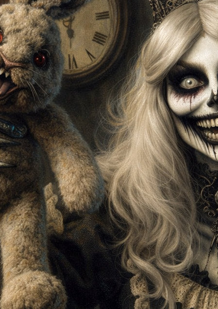 Digitales Horror-Wandbild: Eine gekrönte Skelettfrau im schwarzen viktorianischen Kleid hält eine unheimlich grinsende Hasenpuppe hoch. Düstere Bibliotheks-Szene mit Kerzenschein und antiker Uhr.