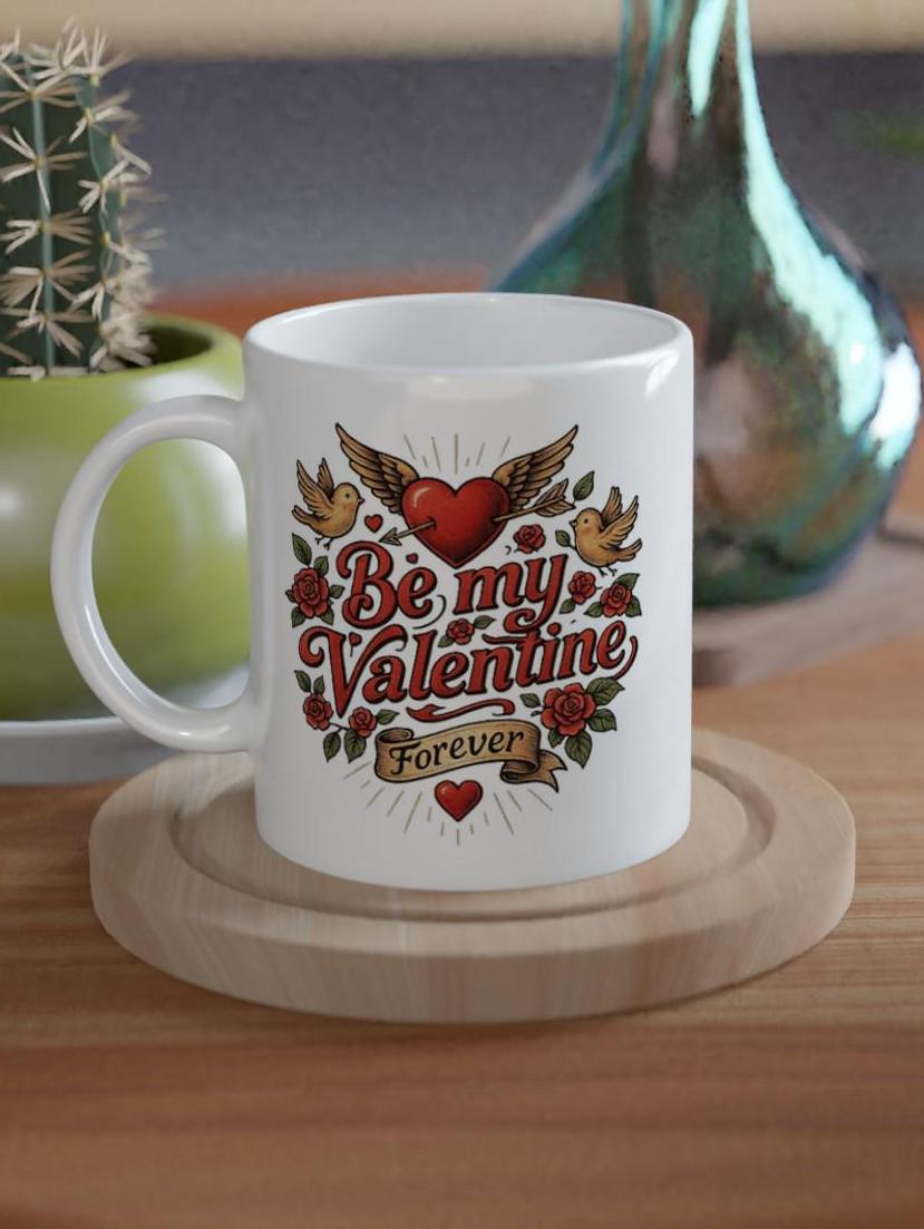 Weiße Keramiktasse mit Aufdruck Be my Valentine Forever, Herzmotiv mit Rosen