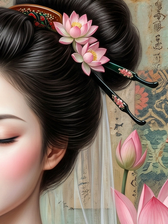 Detailsansicht. Quadratisches Japandi Poster mit Geisha im rosa Kimono, Lotusblüten und Pagode in sanften Pastelltönen als minimalistische Japan Deko.