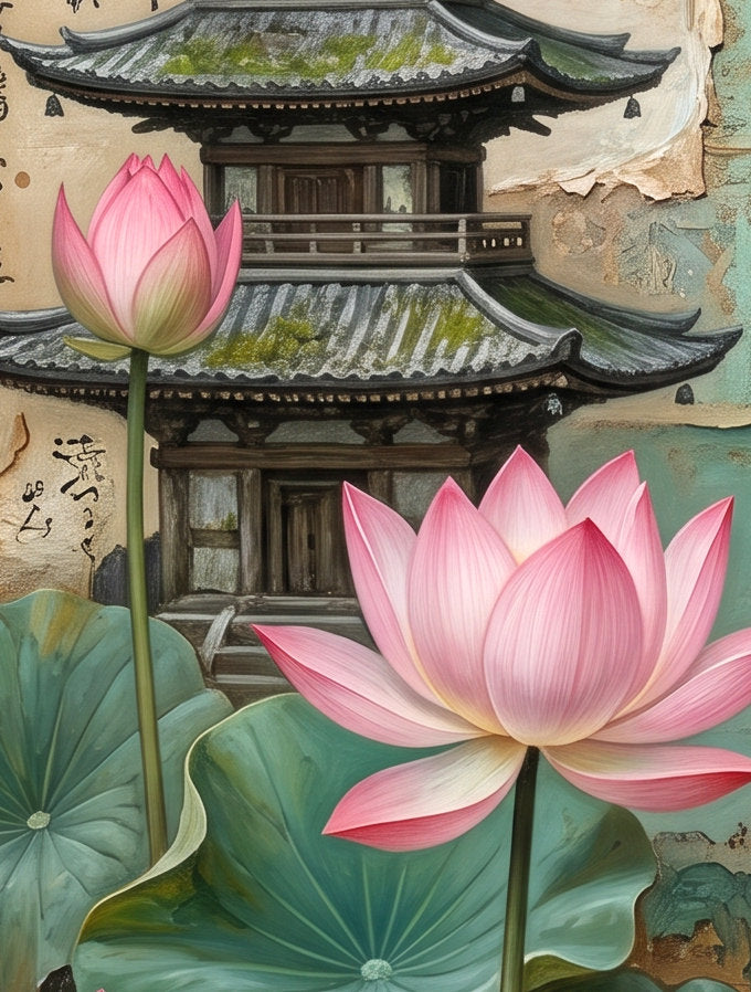Detailsansicht. Japanisches Wandbild im Quadratformat mit Geisha in rosafarbenem Kimono, Lotusblumen und Pagode für ein ruhiges Zuhause im Japandi-Stil.