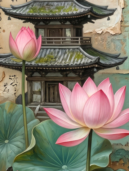 Detailsansicht. Japanisches Wandbild im Quadratformat mit Geisha in rosafarbenem Kimono, Lotusblumen und Pagode für ein ruhiges Zuhause im Japandi-Stil.
