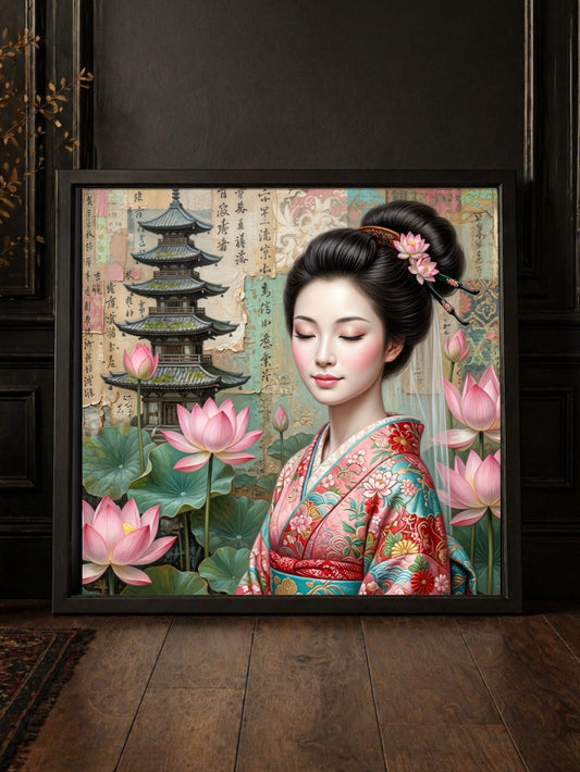 Quadratisches Geisha Wandbild mit rosa Lotusblüten, Pagode und zarten Japan-Details in dunklem Interior-Mockup