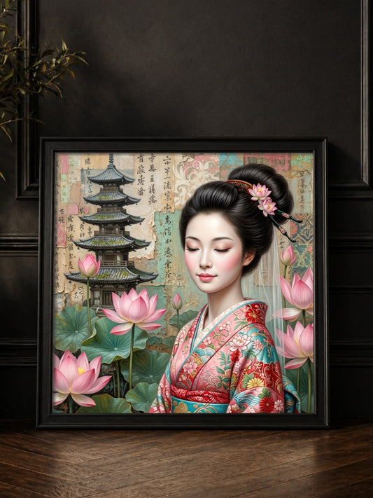 Quadratisches Japandi Wandbild: Illustration einer Geisha im rosa Kimono mit Lotusblüten und Pagode – Pastellfarbene Japan Deko für ein minimalistisches Zuhause.