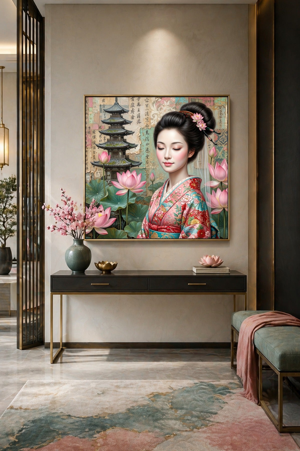 Quadratische Japan Deko mit Geisha, rosa Kimono, Lotusblüten und Pagode in pastellfarbener, minimalistischer Gestaltung. Deko für Flur