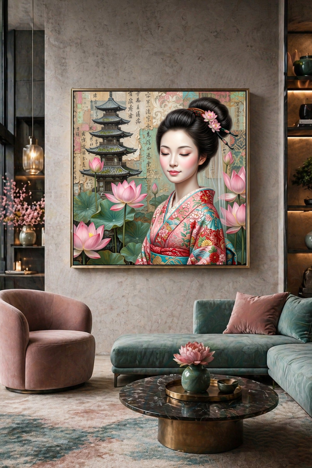 Japandi Wandkunst im Quadrat mit Geisha im rosa Kimono, floralen Lotusdetails und Pagode in weicher Pastelloptik. Deko für Wohnzimmer