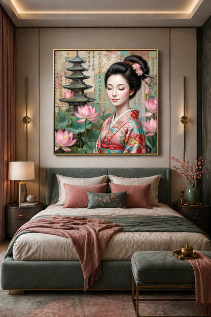 astellfarbenes Geisha Poster im Quadratformat mit Lotusblüten, Pagode und rosafarbenem Kimono als stilvolle Japandi Deko. Schlafzimmerdeko