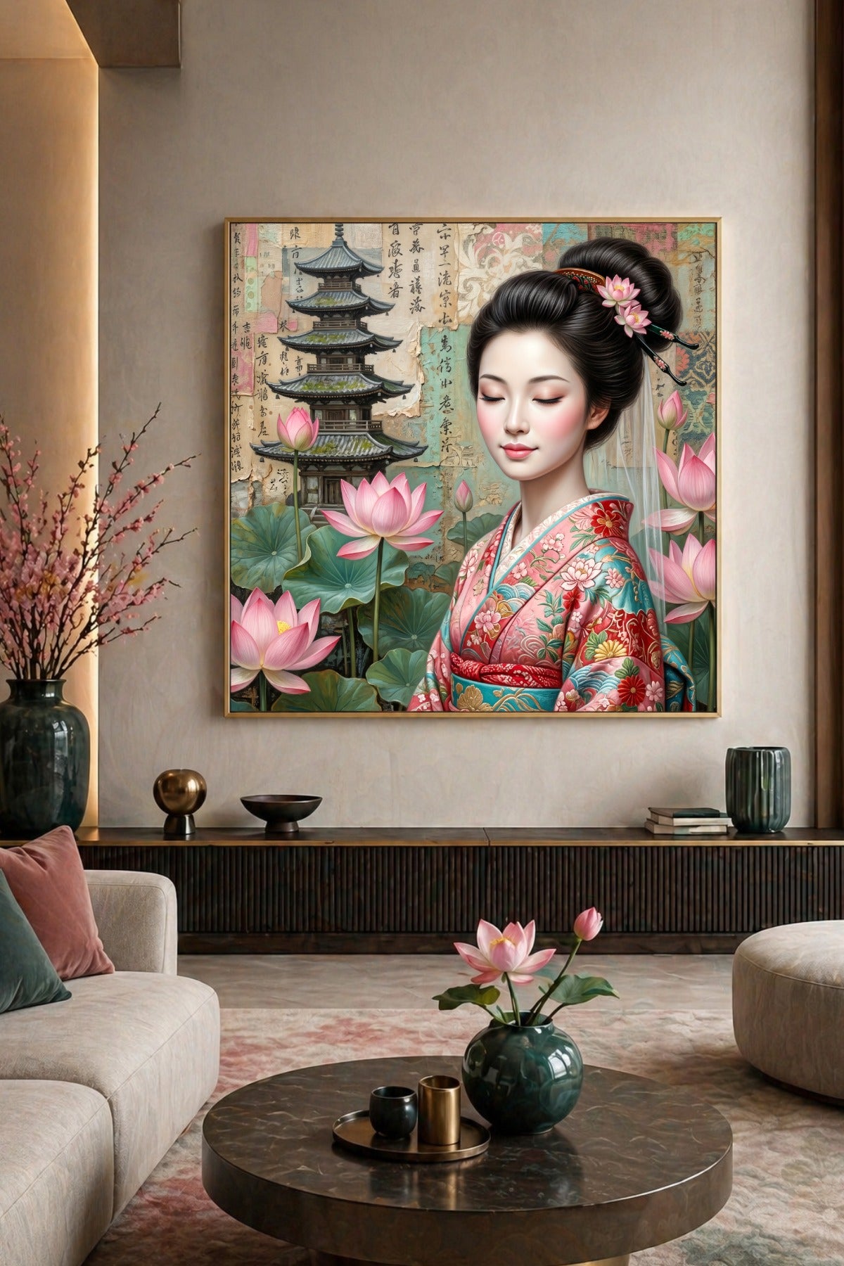 Quadratisches Wandbild im Japandi-Look mit Geisha, rosa Kimono, Lotusblumen und Pagode für eine minimalistische Raumgestaltung. Wohnzimmerdeko