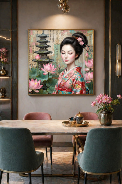 Japan Poster im Quadrat mit Geisha im rosafarbenen Kimono, Lotusblüten und Pagode als sanfte Pastell-Deko für moderne Wohnräume. Poster Esszimmer