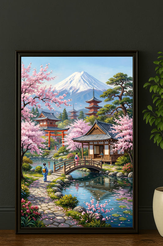 Malerisches digitales Japan-Wandbild im Stil eines Ölgemäldes: Blühende Kirschbäume (Sakura) säumen einen Fluss mit traditioneller Brücke und Tempeln vor dem schneebedeckten Berg Fuji.
