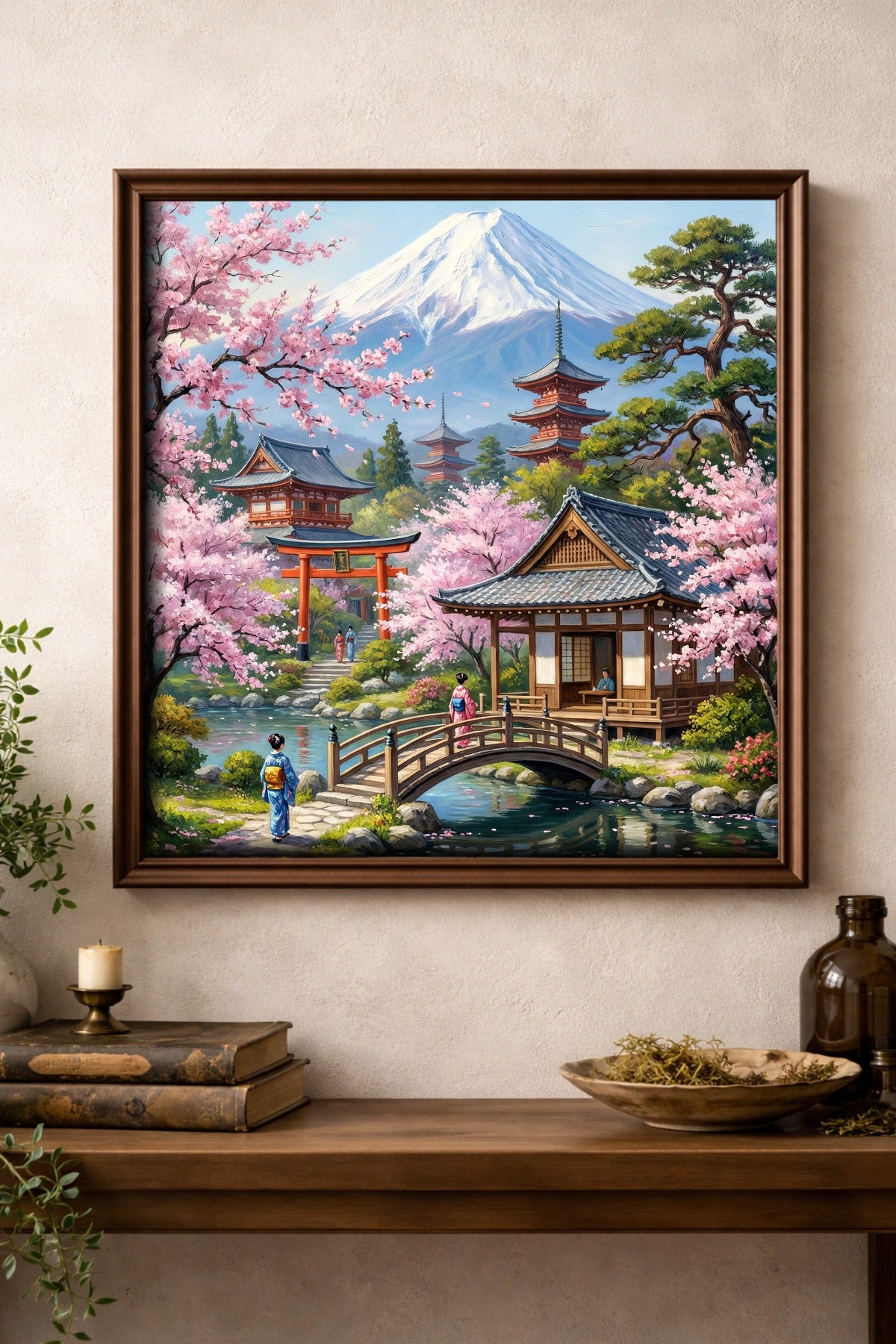Dekoratives Japan-Poster mit blühenden Sakura-Zweigen, Flusslandschaft, Brücke und Tempeln vor dem schneebedeckten Fuji.