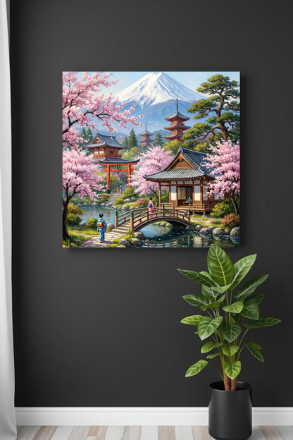 Digitales Japan-Wandbild im Ölgemälde-Stil mit blühenden Sakura-Bäumen, Fluss, traditioneller Brücke, Tempeln und schneebedecktem Mount Fuji. Quadratisch.