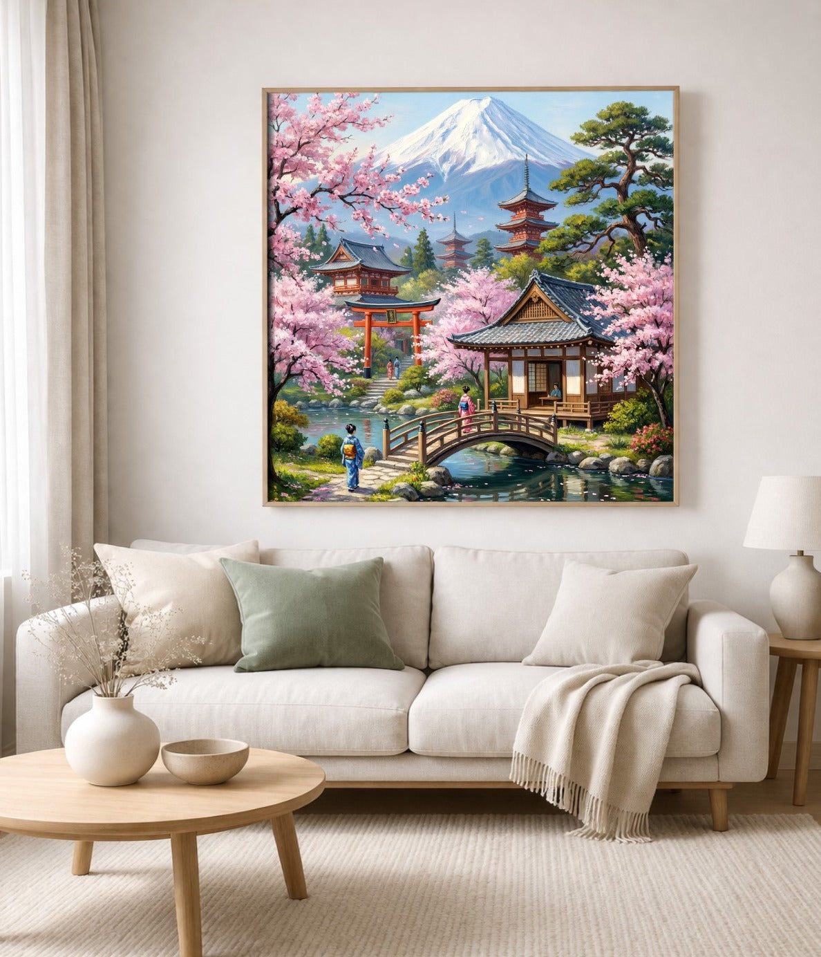 Ruhige japanische Wanddeko mit Mount Fuji im Hintergrund, rosa Kirschblüten, Pagoden, rotem Torii und Brücke aus Holz.