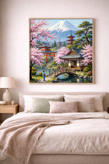 Malerischer digitaler Kunstdruck mit japanischer Landschaft, Kirschblüten, Flusslauf, Brücke und Tempelkulisse vor dem Berg Fuji. Quadratisch.