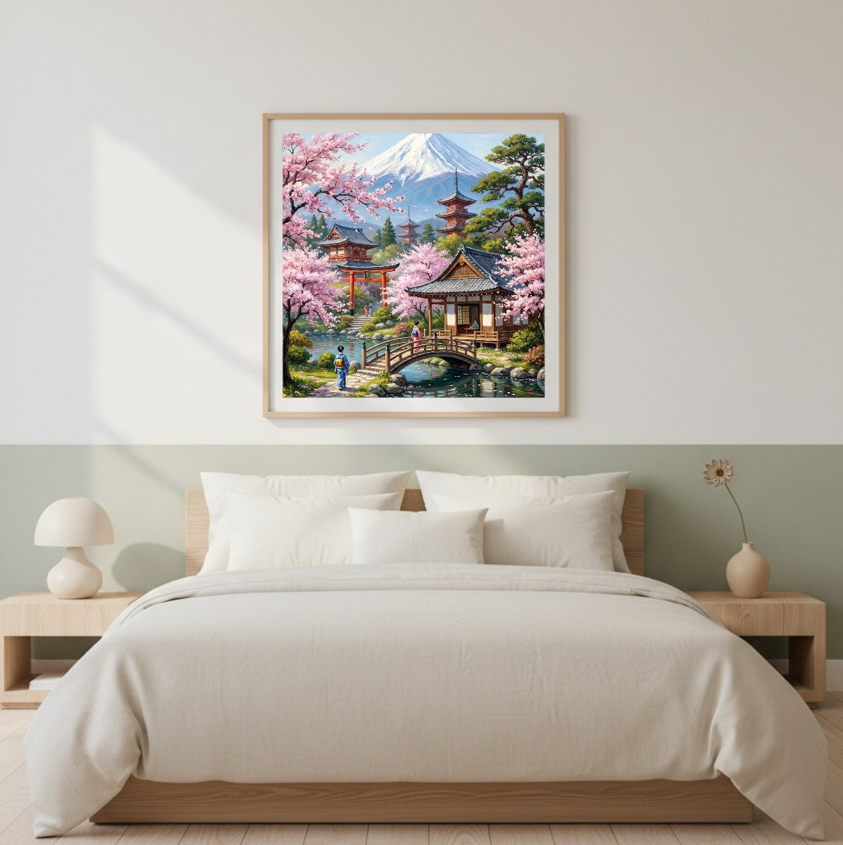 Digitales Wandbild mit japanischer Frühlingslandschaft, Kirschbäumen, traditioneller Brücke, Tempeln und Berg Fuji im Ölgemälde-Look. Quadraisch.