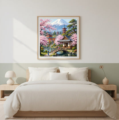 Digitales Wandbild mit japanischer Frühlingslandschaft, Kirschbäumen, traditioneller Brücke, Tempeln und Berg Fuji im Ölgemälde-Look. Quadraisch.