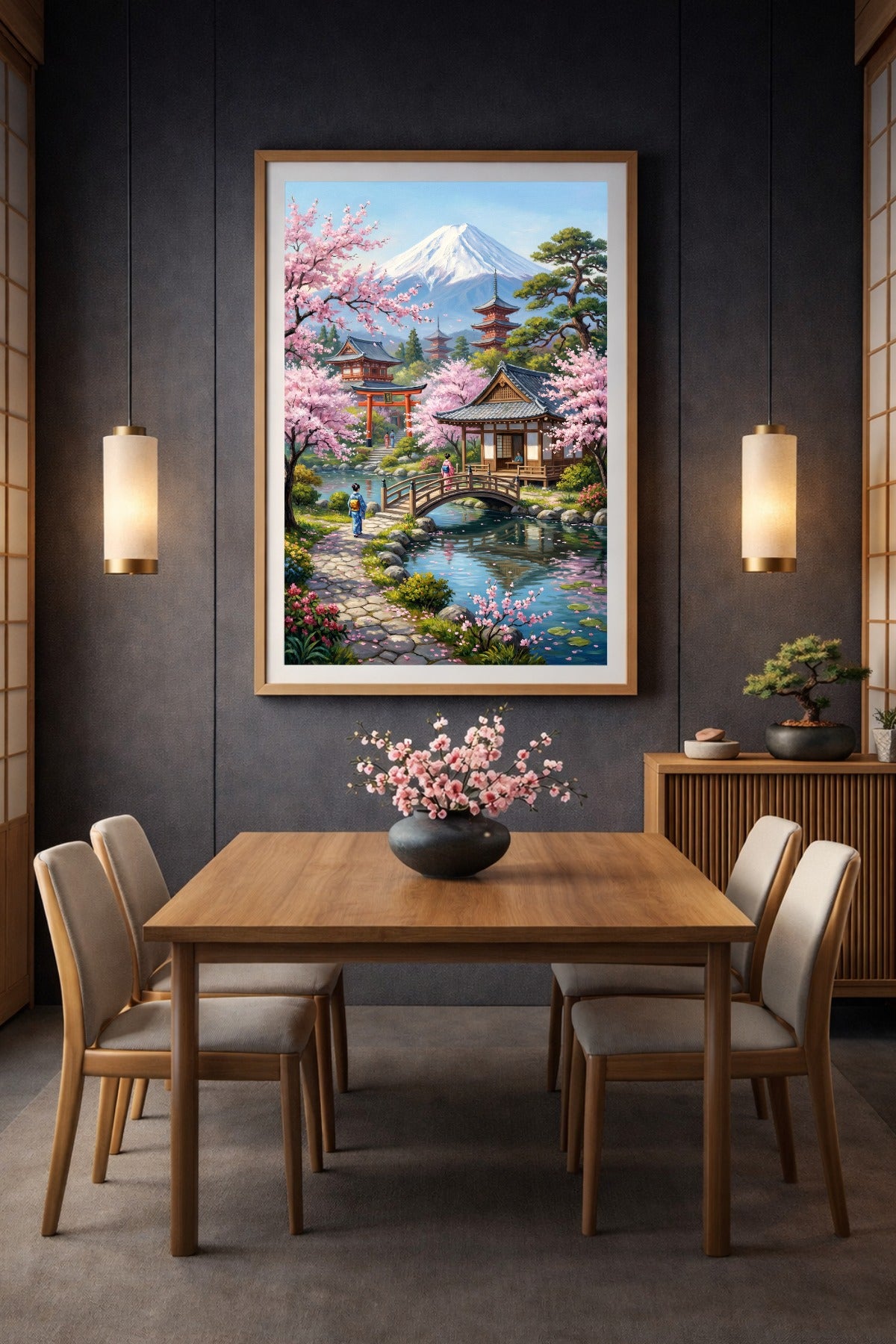 Japanisches Wandbild als digitales Ölgemälde mit Sakura, ruhigem Fluss, klassischer Brücke und Tempeln im Schatten des Mount Fuji.