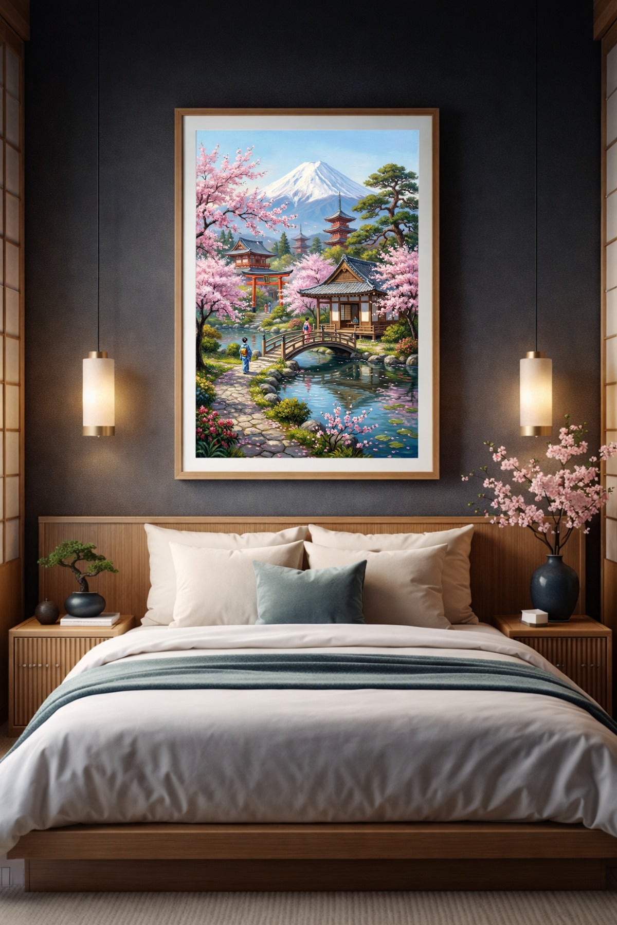 Digitales Landschaftsbild im Japan-Stil mit Sakura-Blüte, Fluss, Brücke, Tempeln und Mount Fuji in ruhiger Ölgemälde-Optik.