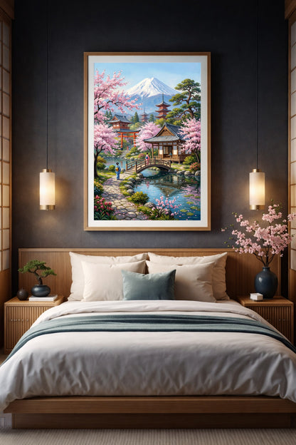 Landschaftsmotiv im Japandi-Stil mit Mount Fuji, Kirschblütenbäumen, Pagoden, Torii und Holzbrücke als modernes Poster.