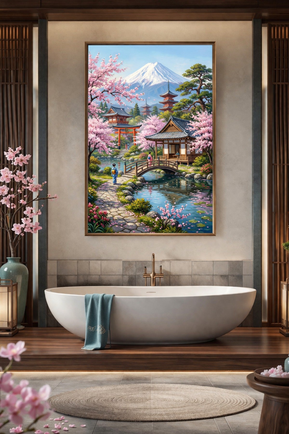 Japanisches Kunstposter mit Mount Fuji, blühenden Sakura-Bäumen, Pagoden, Torii-Tor und Holzbrücke in ruhiger Frühlingsszene.