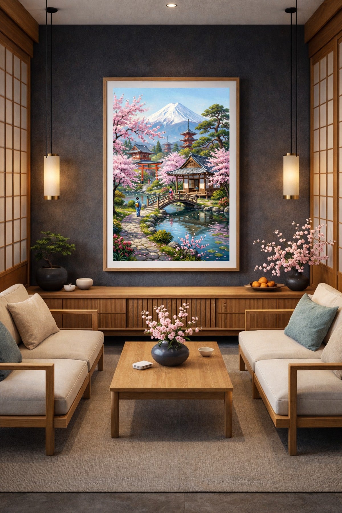 Atmosphärisches digitales Japan-Poster mit blühenden Kirschbäumen, traditioneller Architektur und schneebedecktem Fuji im Hintergrund.