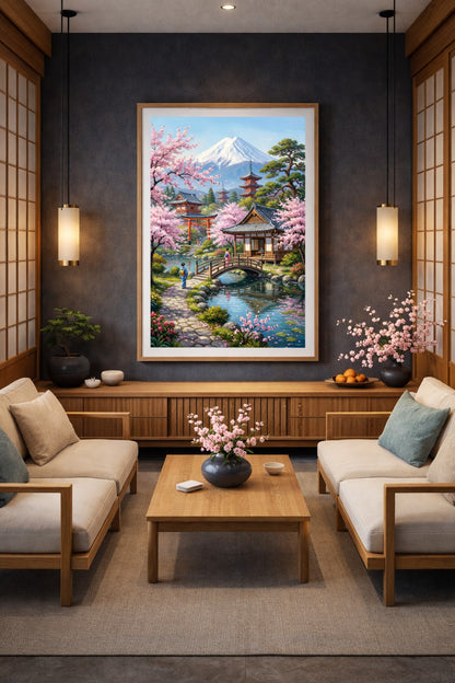 Atmosphärisches digitales Japan-Poster mit blühenden Kirschbäumen, traditioneller Architektur und schneebedecktem Fuji im Hintergrund.