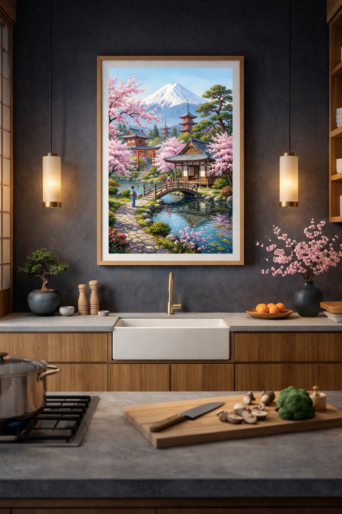 Modernes Landschaftsposter mit Mount Fuji, Pagoden, Torii, Holzbrücke und rosa Kirschblüten für ruhige Japan Home Decor.