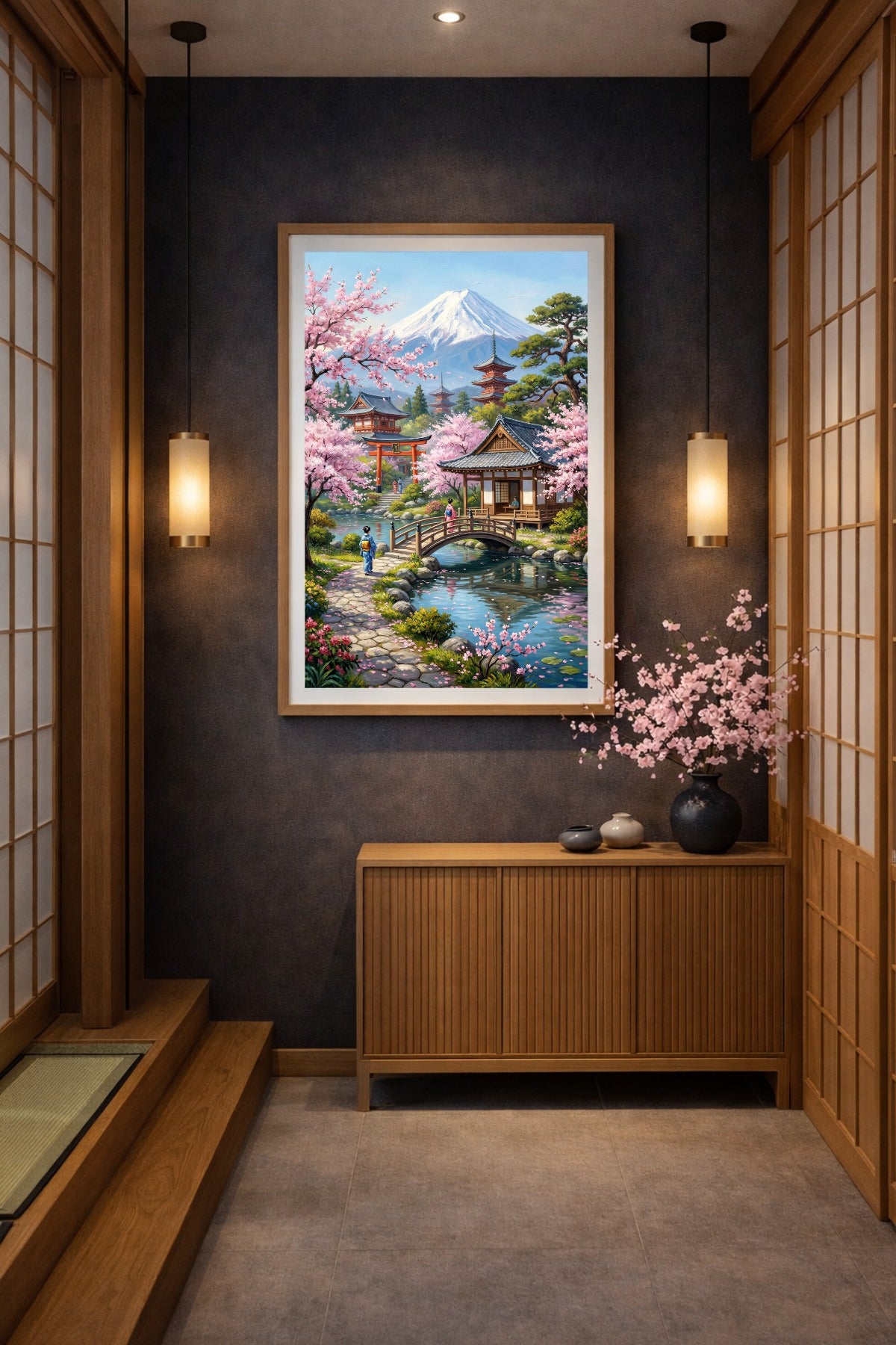 Japan-inspiriertes Poster mit schneebedecktem Mount Fuji, Kirschblüten, Pagoden, rotem Torii und Holzbrücke in harmonischer Landschaft.