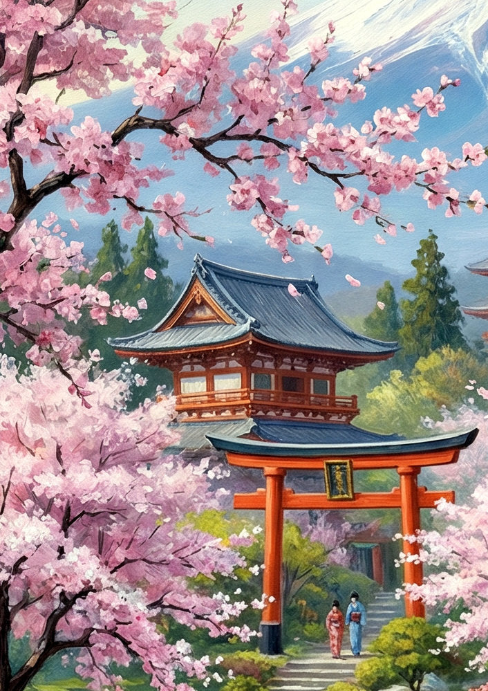 Digitales Japan-Wandbild im Ölgemälde-Stil mit blühenden Sakura-Bäumen, Fluss, traditioneller Brücke, Tempeln und schneebedecktem Mount Fuji. Detailansicht.