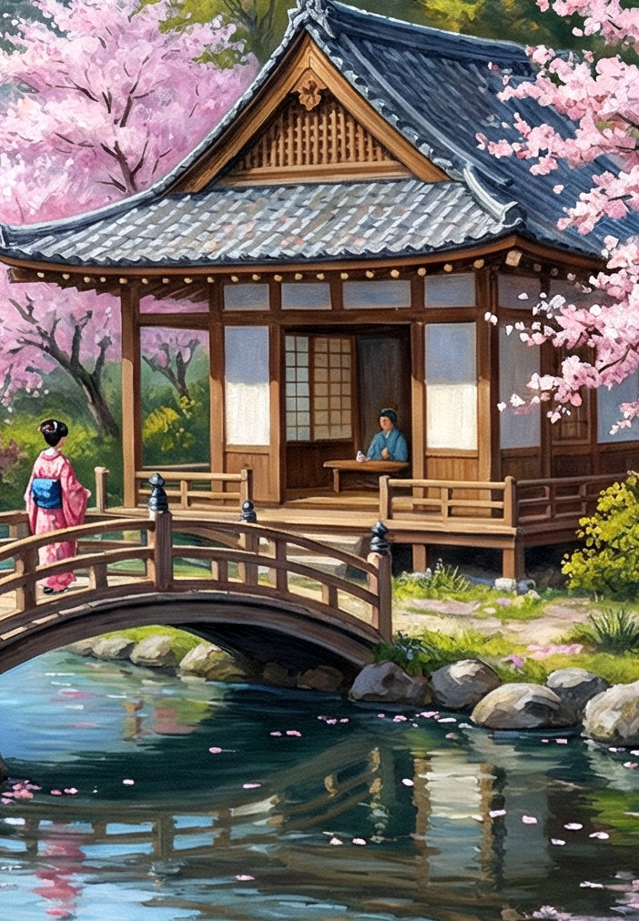Malerischer digitaler Kunstdruck mit japanischer Landschaft, Kirschblüten, Flusslauf, Brücke und Tempelkulisse vor dem Berg Fuji. Detailansicht.
