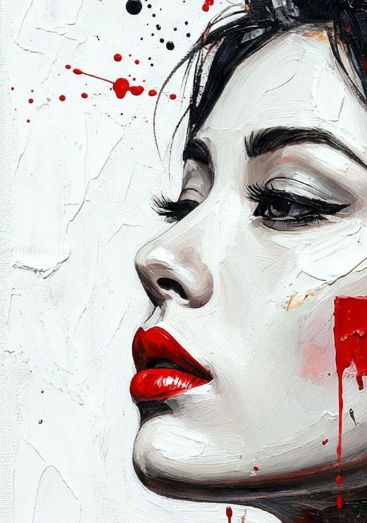 Detailsansciht des modernen digitalen Geisha-Porträts im Hochformat mit roten Lippen, Kirschblüten, Kranichen und goldenen Akzenten auf hellem Hintergrund.