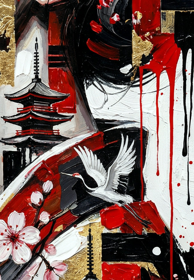 Details eines abstrakten Geisha-Wandbildes im Hochformat mit roten Lippen, floralen Kirschblüten, Kranichen und goldenen Details auf weißem Grund.