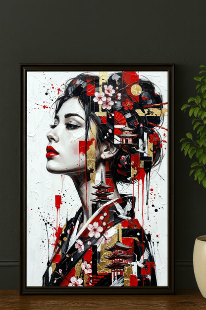 Digitales Geisha-inspiriertes Porträt im modernen Abstrakten Stil, Hochformat mit roten Lippen, Kirschblüten, Kranichen und goldenen Details auf weißem Hintergrund.