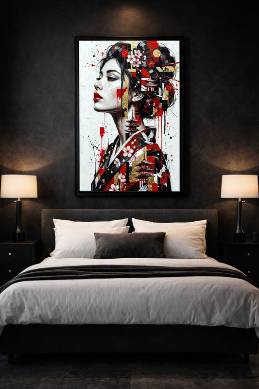 Gedrucktes Japan Wandbild über einem Bett im dunklen Schlafzimmer, mit Frauenportrait im Profil, roten Lippen, Sakura, Kranichen und Goldakzenten.