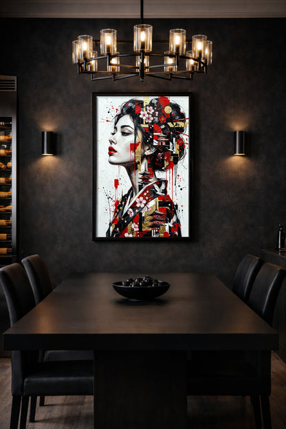 Japanisches Portrait Poster im dunklen Esszimmer-Mockup, mit Sakura-Blüten, roten Pagoden, weißen Kranichen und grafischem Schwarz-Rot-Gold-Look.