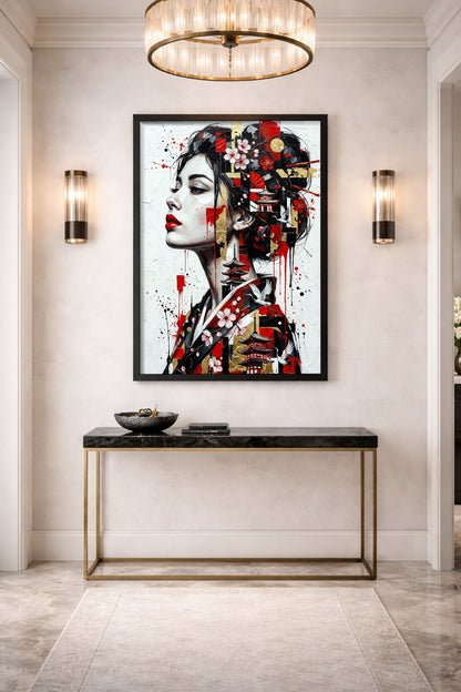 Digitales Japan-Wandbild mit abstraktem Geisha-inspiriertem Frauenporträt, roten Lippen, Kirschblüten, Kranichen und Gold auf weißem Hintergrund. Das Poster ist in einem Bilderrahmen mit schwarzen Rand und hängt in einem Eingangsbereich an der Wand.