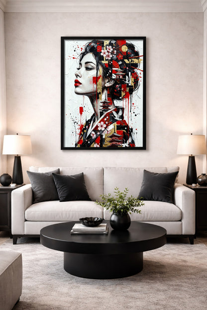 Digitales Frauenporträt im Geisha-Stil mit roten Lippen, goldenen Elementen, Kirschblüten und Kranichen in moderner abstrakter Gestaltung. Poster hängt gerahmt über einer weißen Couch in einem Wohnzimmer.