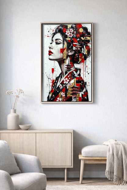 Modernes Japan Portrait Poster in hellem Minimal-Interior, mit Frauenprofil, Sakura, Kranichen, roten Pagoden und grafischen Goldflächen.