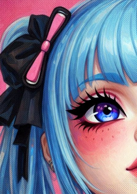 Digitales Anime Girl Wandbild im Kawaii-Gothic-Stil mit blauem Haar, großen Augen, schwarzen Schleifen und rosa Outfit vor pinkem Hintergrund.