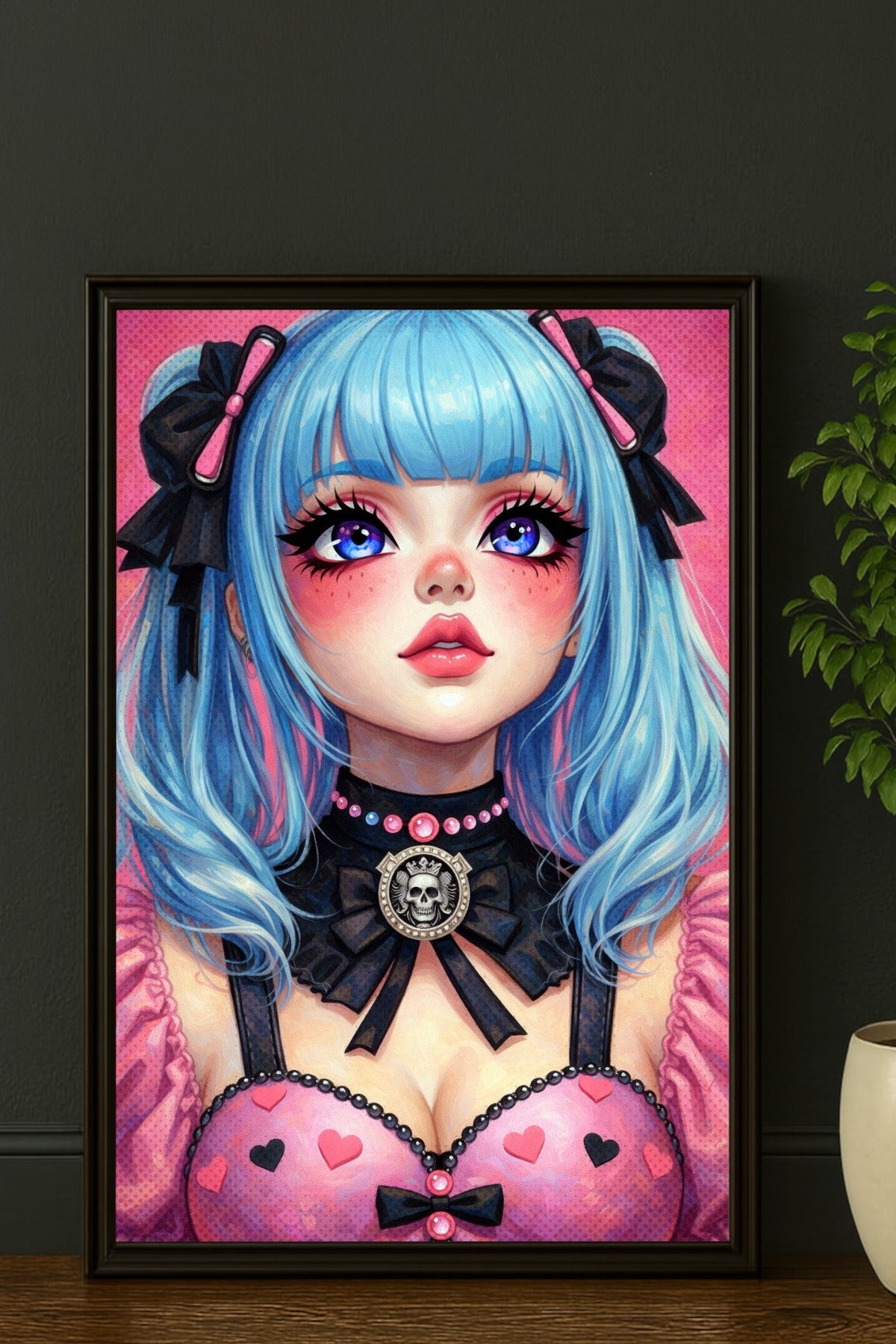 Digitales Anime Girl Wandbild im Kawaii-Gothic-Stil mit blauem Haar, großen Augen, schwarzen Schleifen und rosa Outfit vor pinkem Hintergrund.